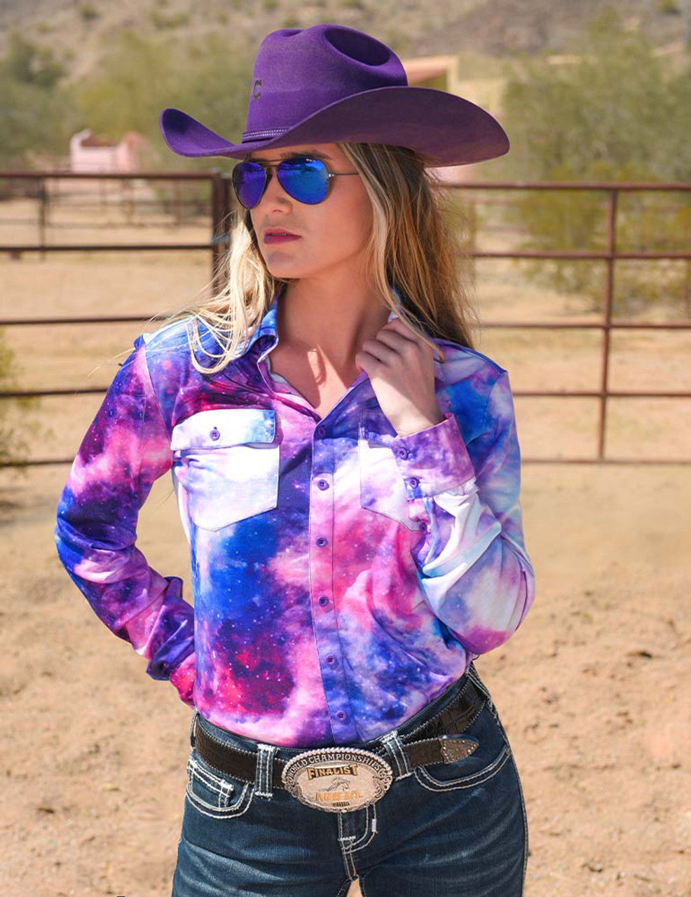 Pullover Button-Up Long Sleeve Shirt (Galaxy Print) - Coffman Tack