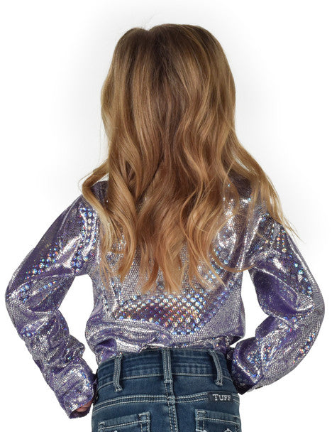 Girls Pullover Button Up (Purple Iridescent Foil Stretch Jersey) - Coffman Tack