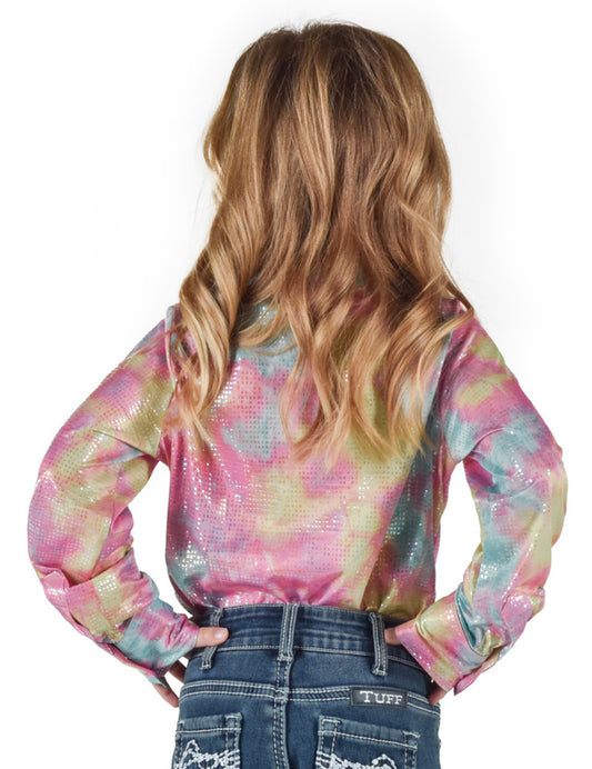 Girls Pullover Button Up (Multicolor Cotton Candy Print Lightweight Stretch Jersey)
