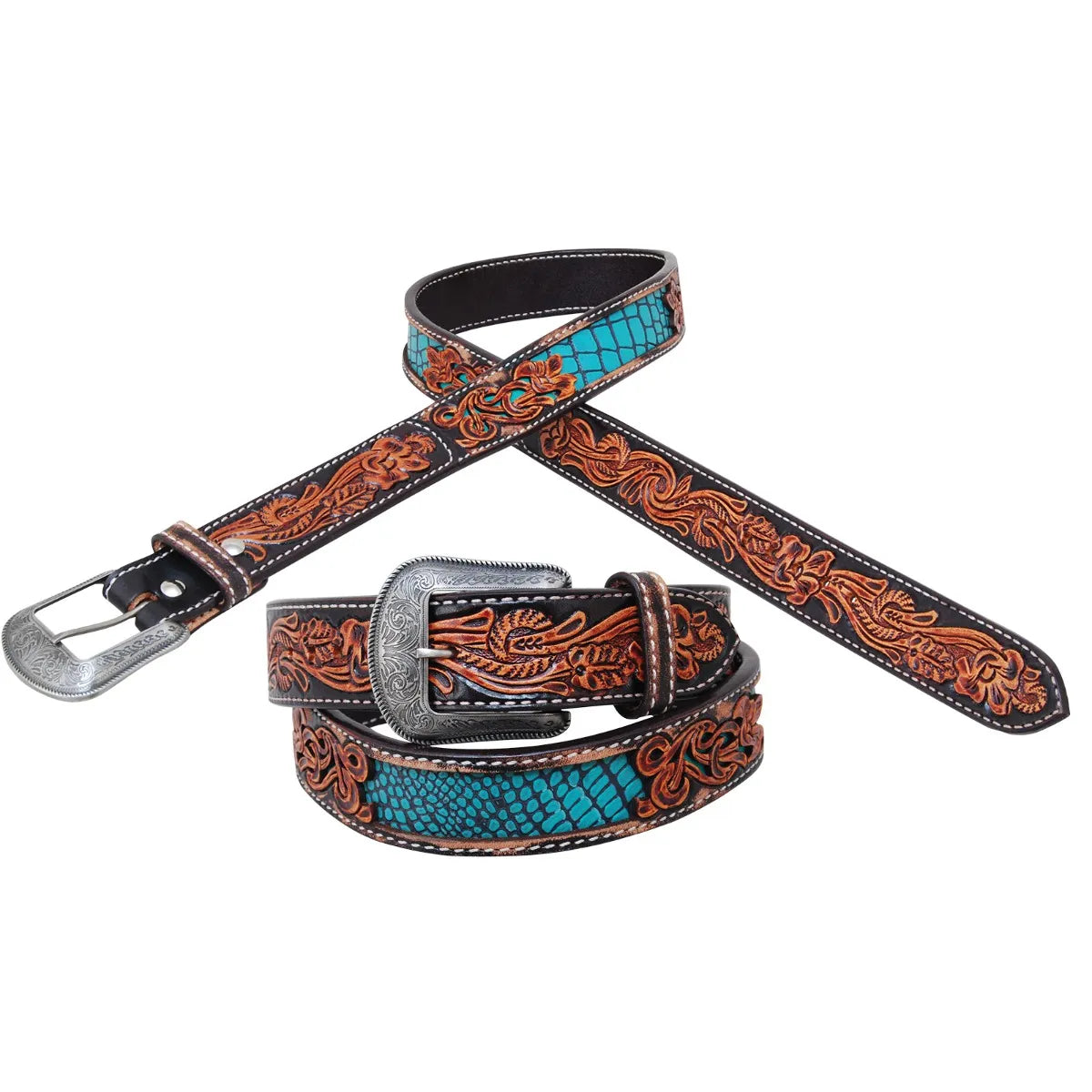 Circle Y Turquoise Gator Filigree Belt - Coffman Tack