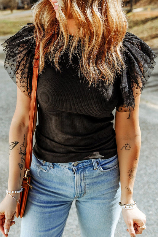 Dotted Mesh Ruffle Sleeve Top - Coffman Tack