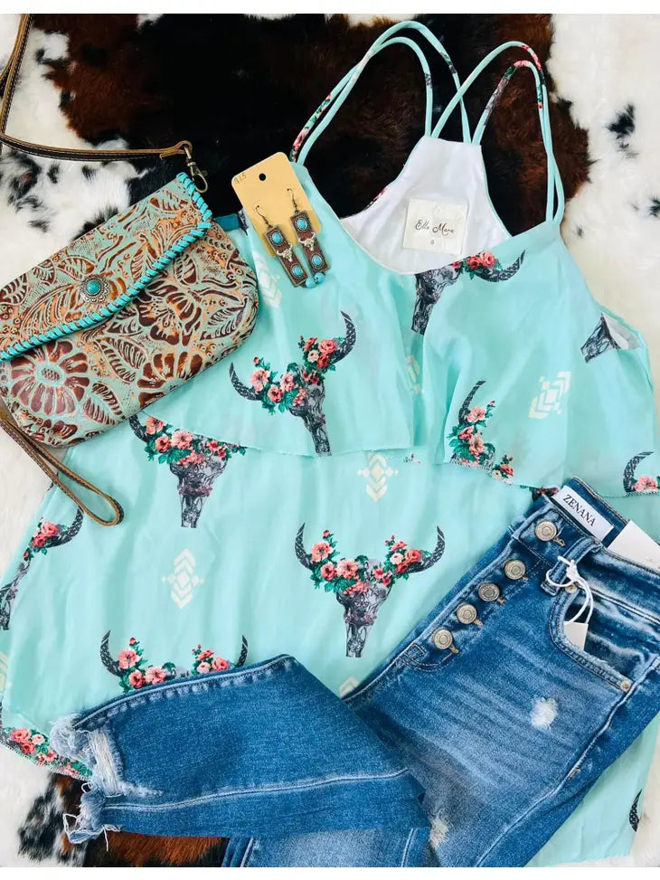 Cow Skull Floral Tank - Coffman Tack