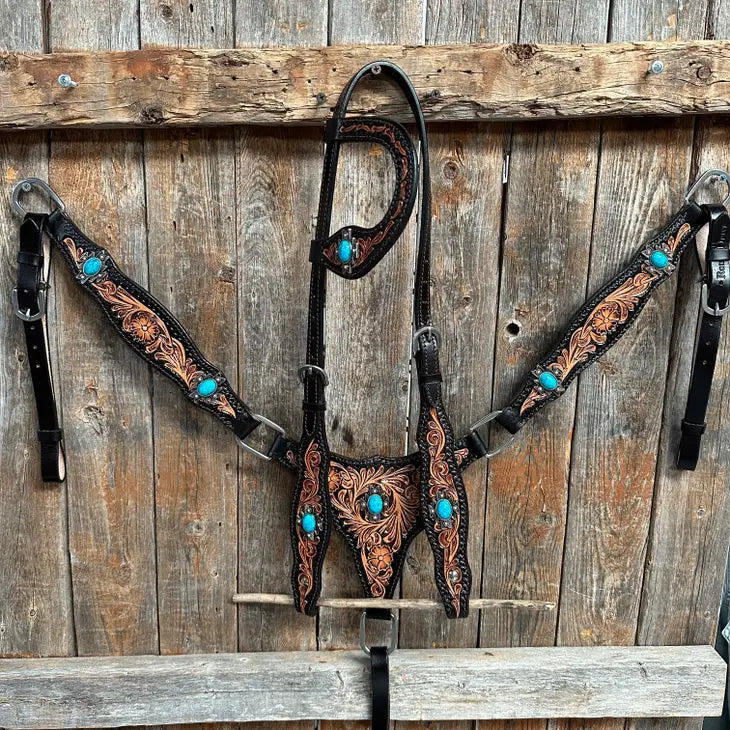 Two Tone Floral Triangle Antique Silver Turquoise One Ear / Breastcollar Tack - Coffman Tack