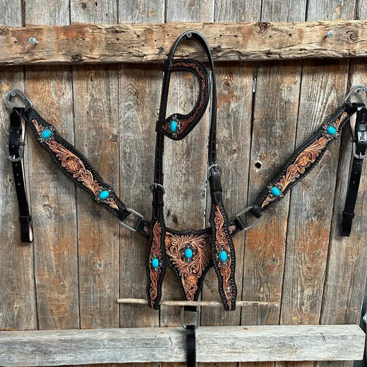 Two Tone Floral Triangle Antique Silver Turquoise One Ear / Breastcollar Tack - Coffman Tack