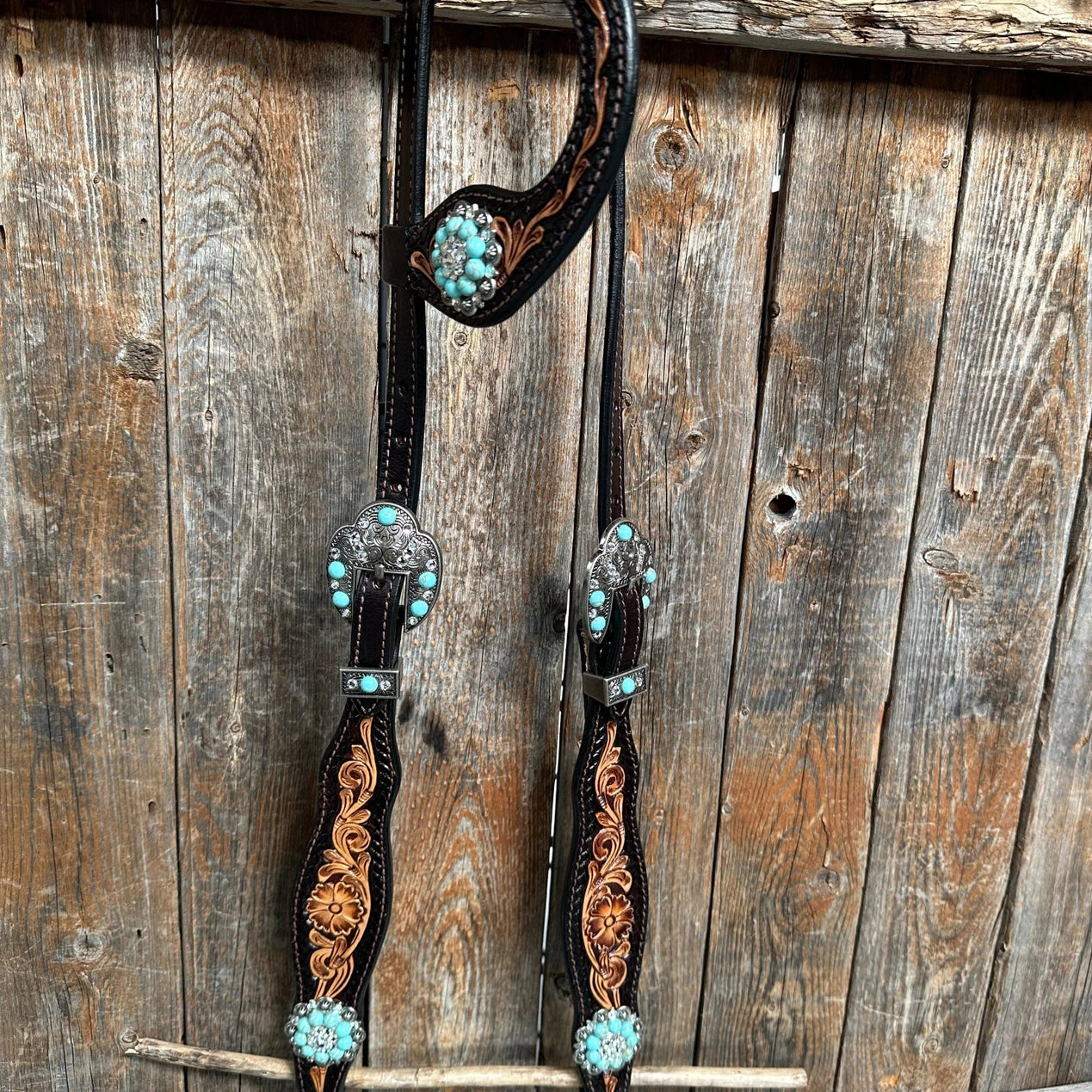 Two Tone Floral Triangle Turquoise and Clear One Ear / Breastcollar Tack Set - Coffman Tack