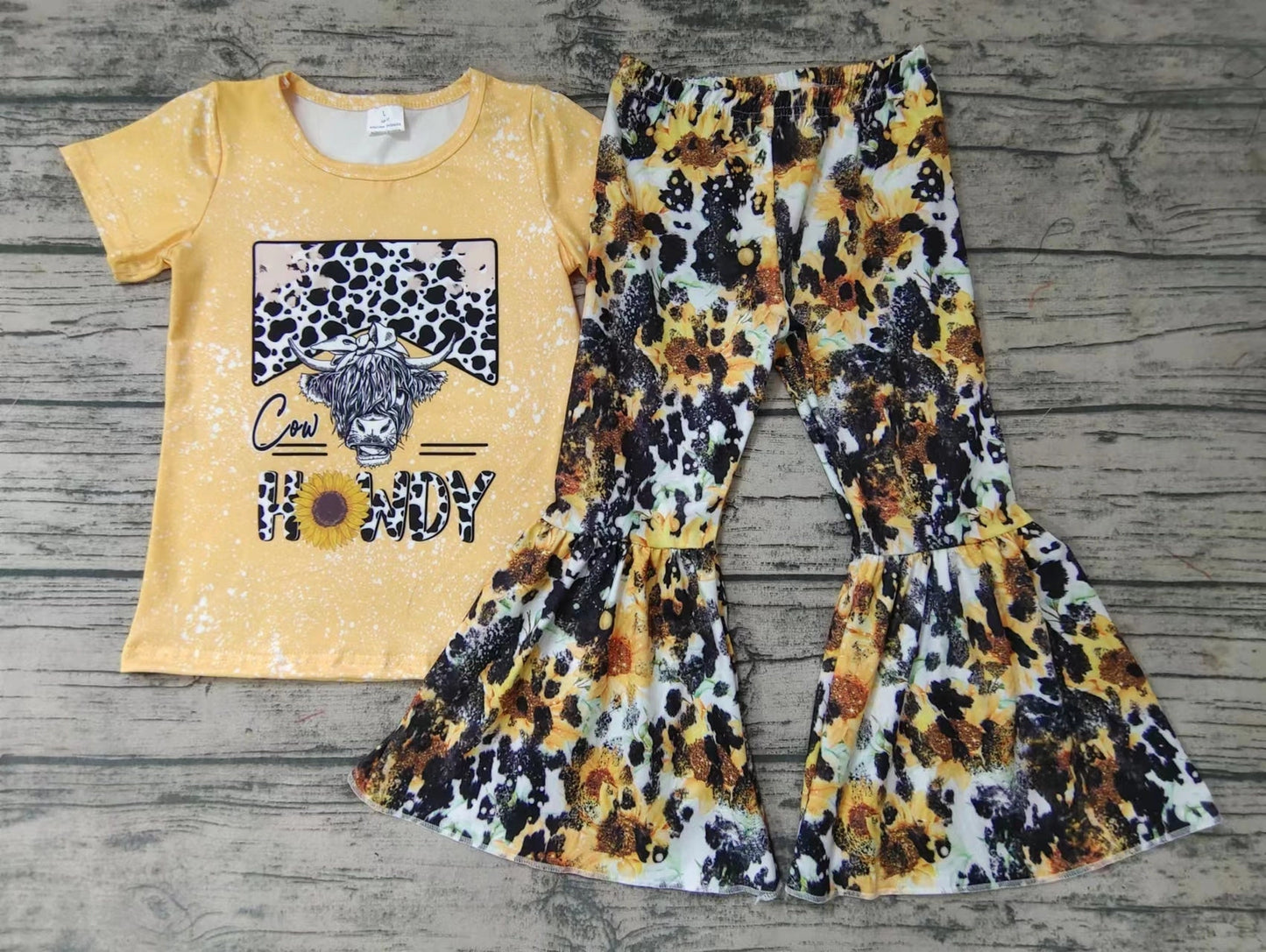 Baby Girls western howdy yellow cow bell pants outfits - Coffman Tack