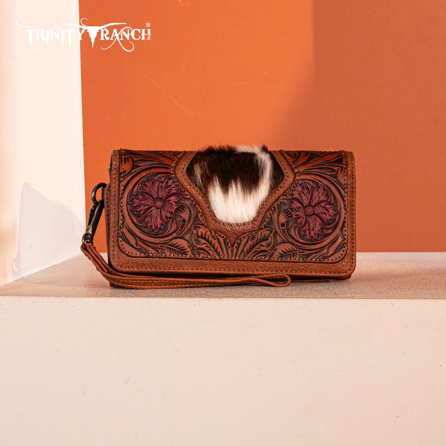 Trinity Ranch Floral Tooled and Hair-On Cowhide Collection Wallet - Brown