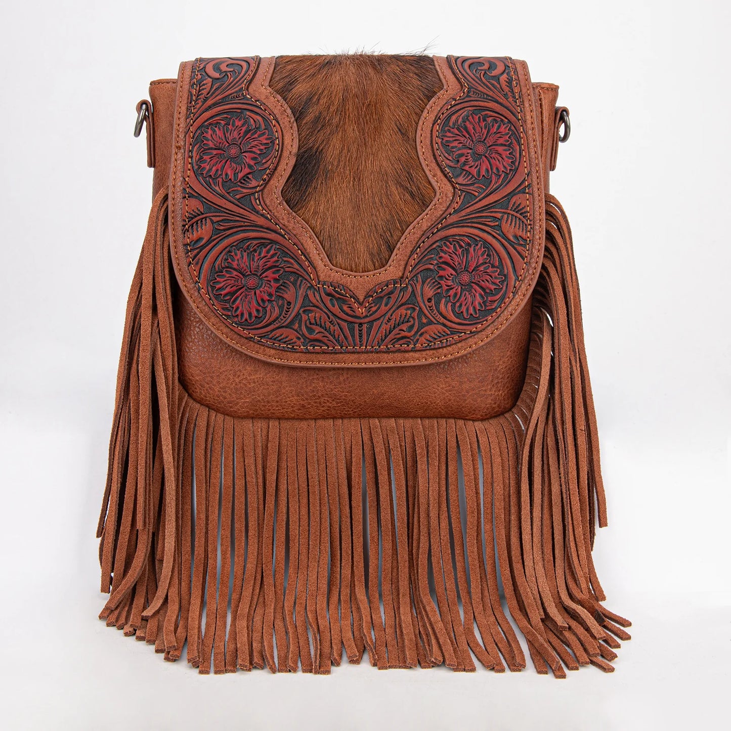 Trinity Ranch Genuine Hair-On Cowhide Tooled Fringe Crossbody Bag-Brown