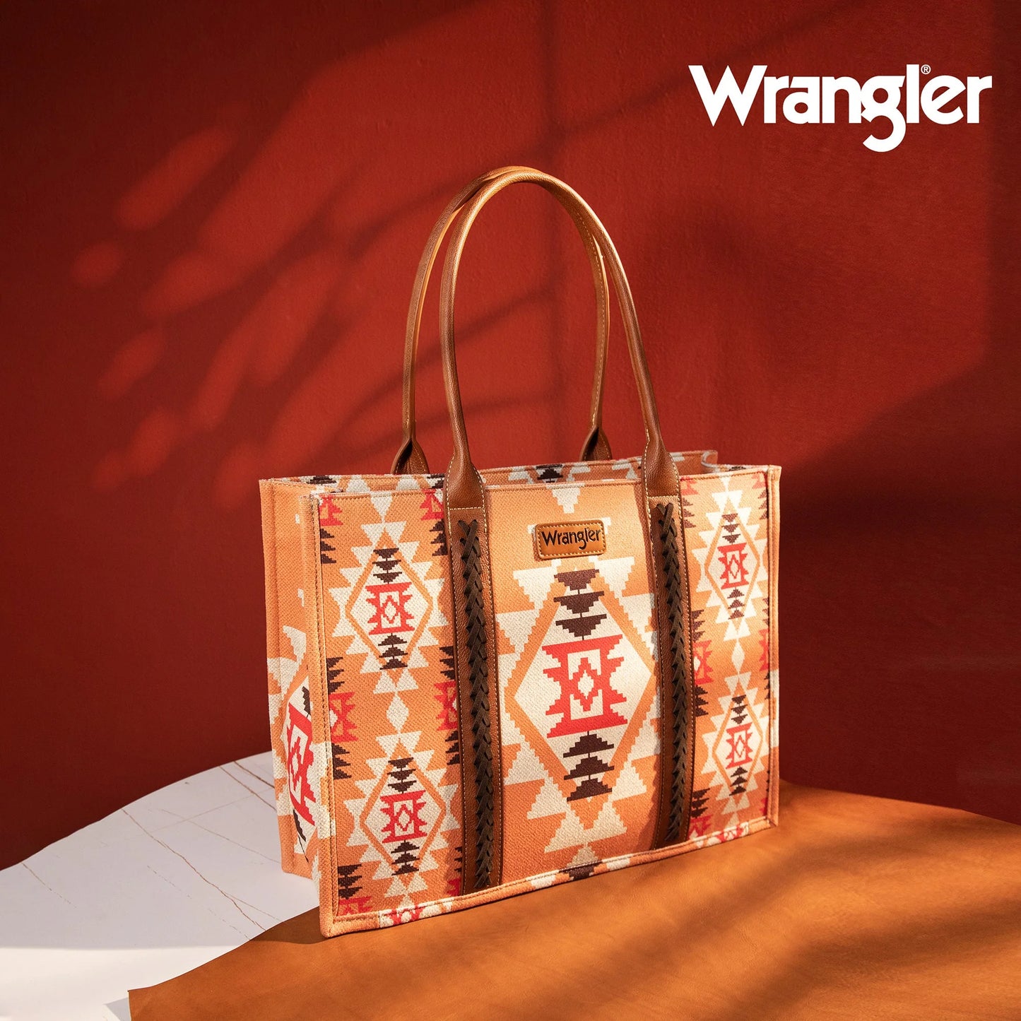 Wrangler Southwestern Pattern Dual Sided Print Canvas Wide Tote Orange - Coffman Tack