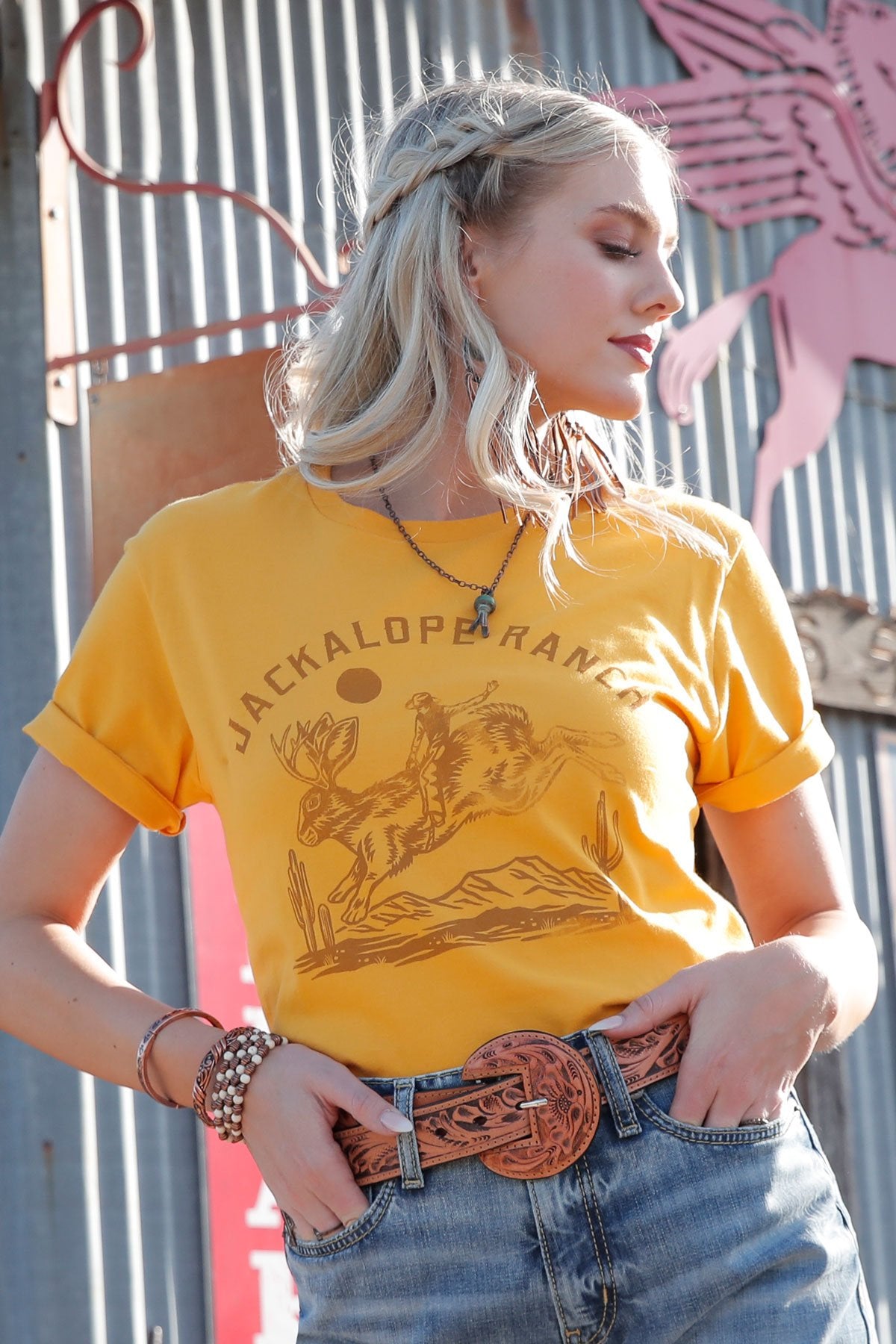 WOMEN'S JACKALOPE RANCH TEE - YELLOW - Coffman Tack