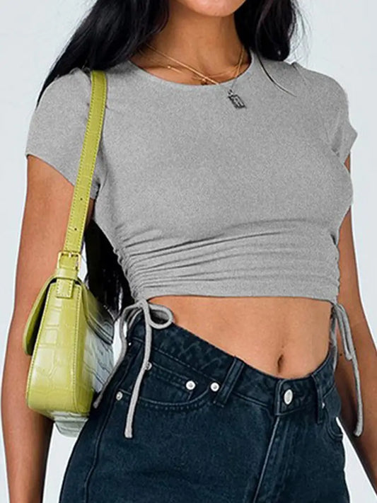Round Neck Drawstring Short Sleeve Rib Crop