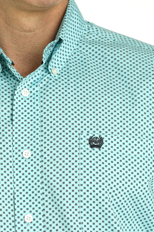 MEN'S GEOMETRIC PRINT BUTTON-DOWN WESTERN SHIRT - TURQUOISE