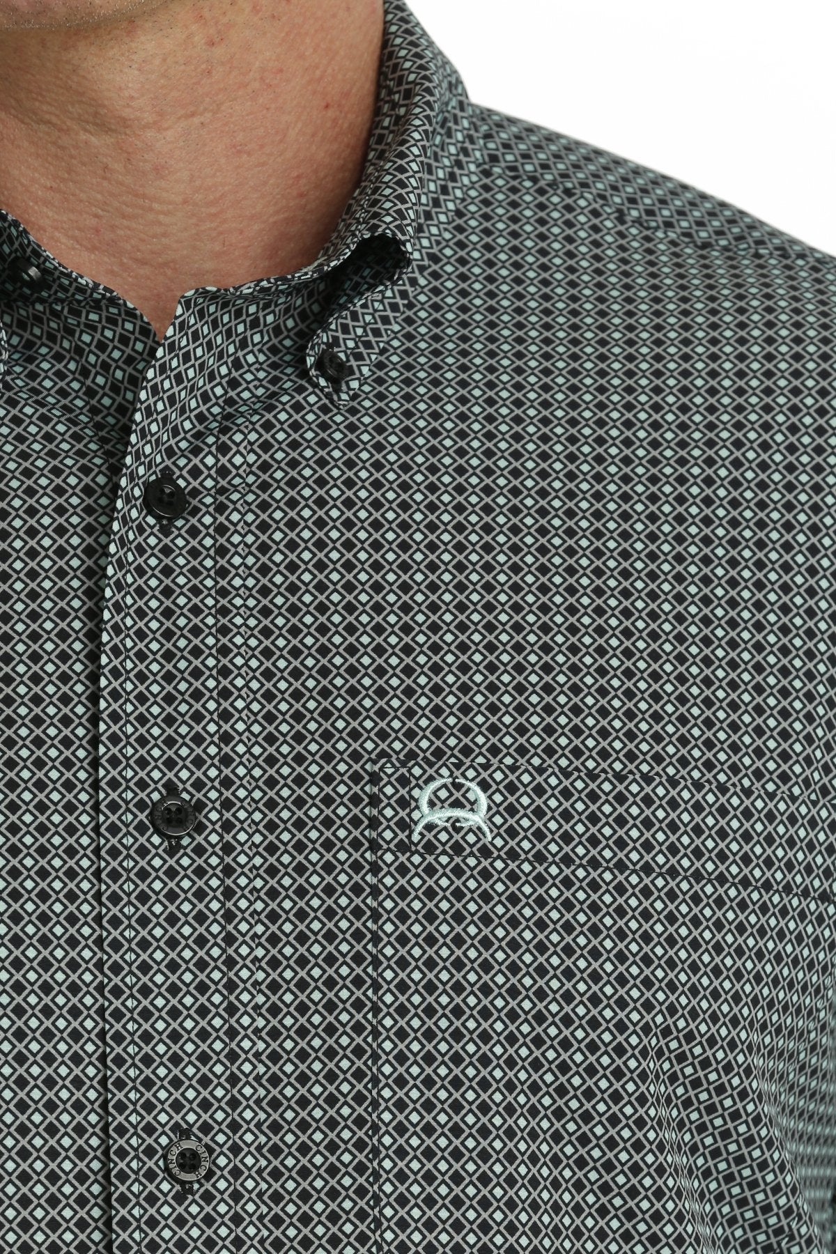 MEN'S GEOMETRIC PRINT SHORT SLEEVE ARENAFLEX BUTTON-DOWN SHIRT - BLACK