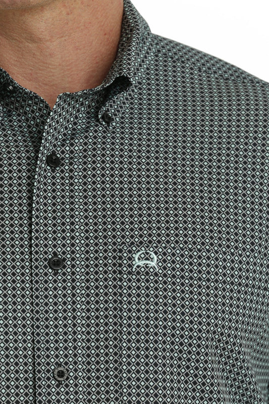 MEN'S GEOMETRIC PRINT SHORT SLEEVE ARENAFLEX BUTTON-DOWN SHIRT - BLACK