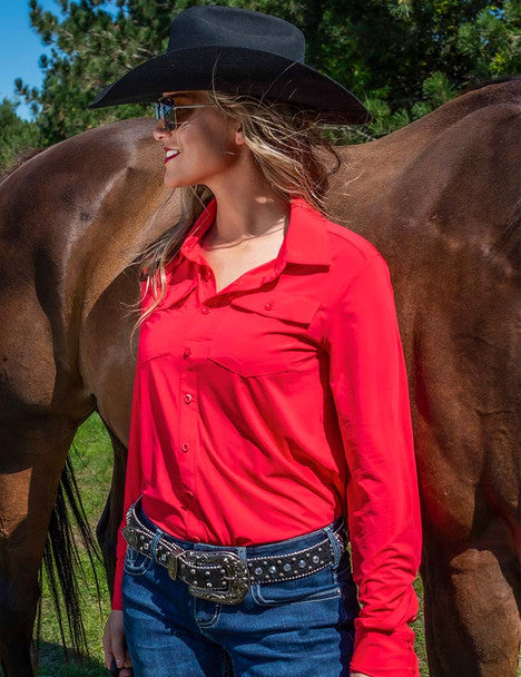 Breathe Instant Cooling pullover button up (bright red) - Coffman Tack