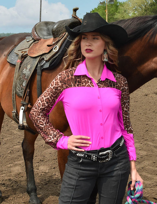 Pullover Button-Up Long Sleeve Shirt (Hot Pink Lightweight Breathe Fabric w/ Sheer Leopard Accents) - Coffman Tack