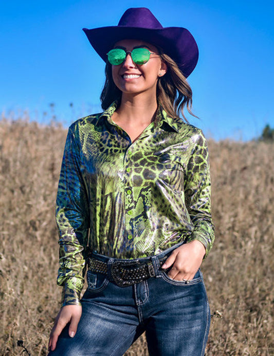 Pullover Button Up (Green Shiny Animal Print Lightweight Stretch Jersey)-cowgirl tuff