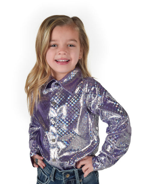 Girls Pullover Button Up (Purple Iridescent Foil Stretch Jersey) - Coffman Tack