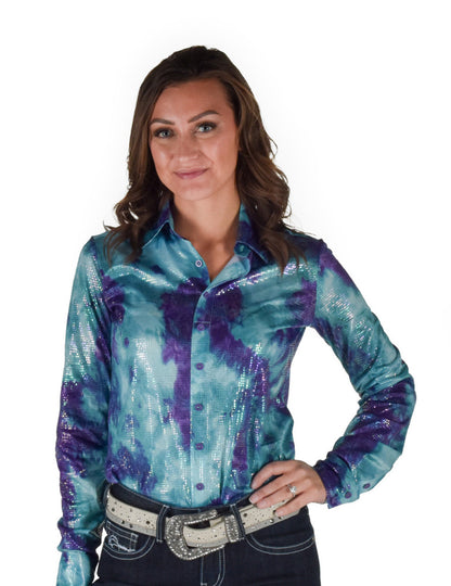 Pullover Button Up (Turquoise And Purple Cotton Candy Print Lightweight Stretch Jersey)