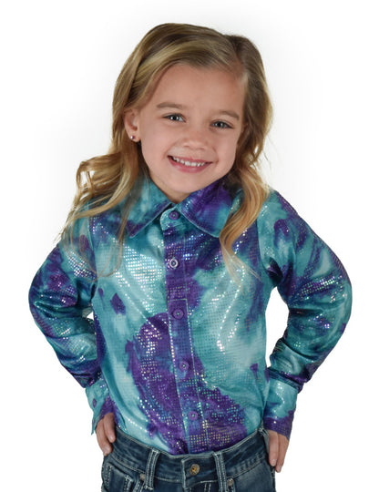 Girls Pullover Button Up (Turquoise And Purple Cotton Candy Print Lightweight Stretch Jersey)