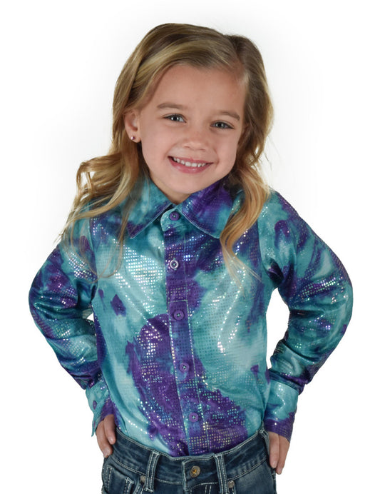 Girls Pullover Button Up (Turquoise And Purple Cotton Candy Print Lightweight Stretch Jersey)