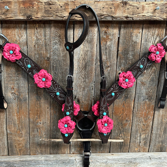 Hand Painted Paisley Neon Pink & Turquoise One Ear/ Breastcollar Tack Setq - Coffman Tack