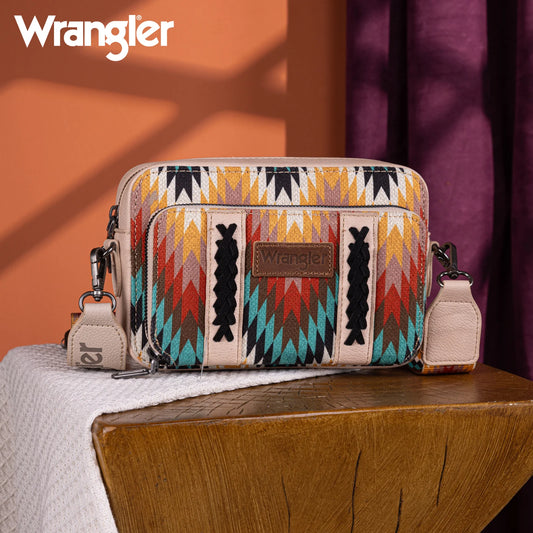 Wrangler Southwestern Pattern Dual Sided Print Crossbody Purse With Wallet Compartment - Tan