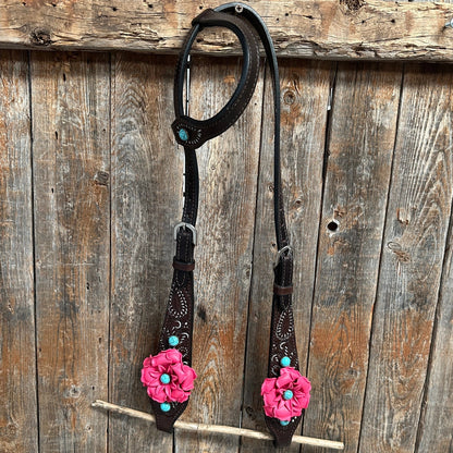 Hand Painted Paisley Neon Pink & Turquoise One Ear/ Breastcollar Tack Setq - Coffman Tack