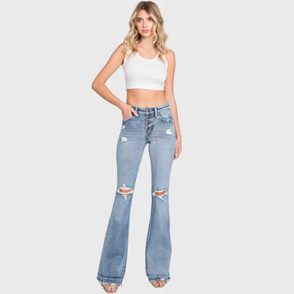 Mid Rise Stretch Flare Jean with Frayed Trouser Hem