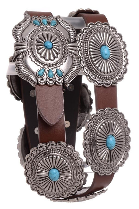 Turquoise On Concho Leather Belt - Coffman Tack