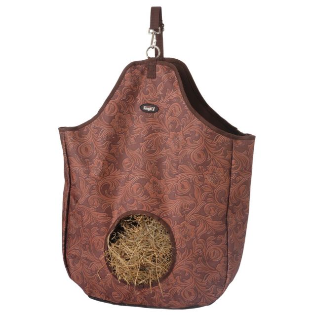 Brown Tooled Leather Nylon Hay Tote