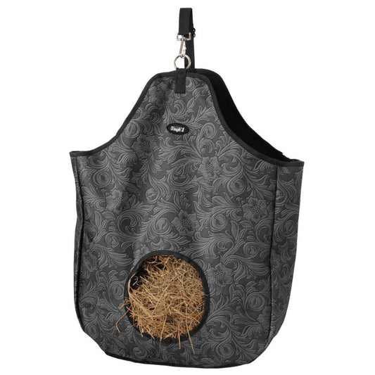 Black Tooled Leather Nylon Hay Tote