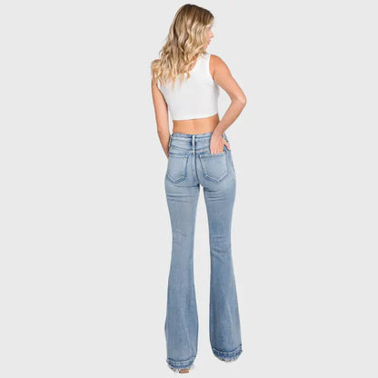 Mid Rise Stretch Flare Jean with Frayed Trouser Hem