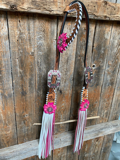 Light Oil Whipstitch Pink and White One Ear & Breastcollar Tack Set - Coffman Tack