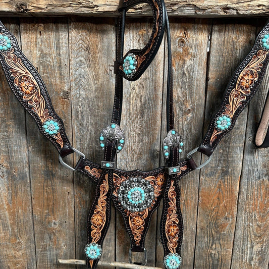 Two Tone Floral Triangle Turquoise and Clear One Ear / Breastcollar Tack Set - Coffman Tack
