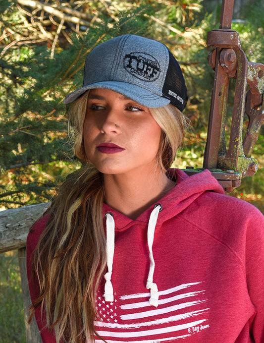 Cowgirl Tuff Trucker Cap With Heather Gray & Black Contrast Embroidery - Coffman Tack
