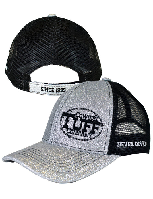 Cowgirl Tuff Trucker Cap. Silver Shimmer With Black Embroidery - Coffman Tack