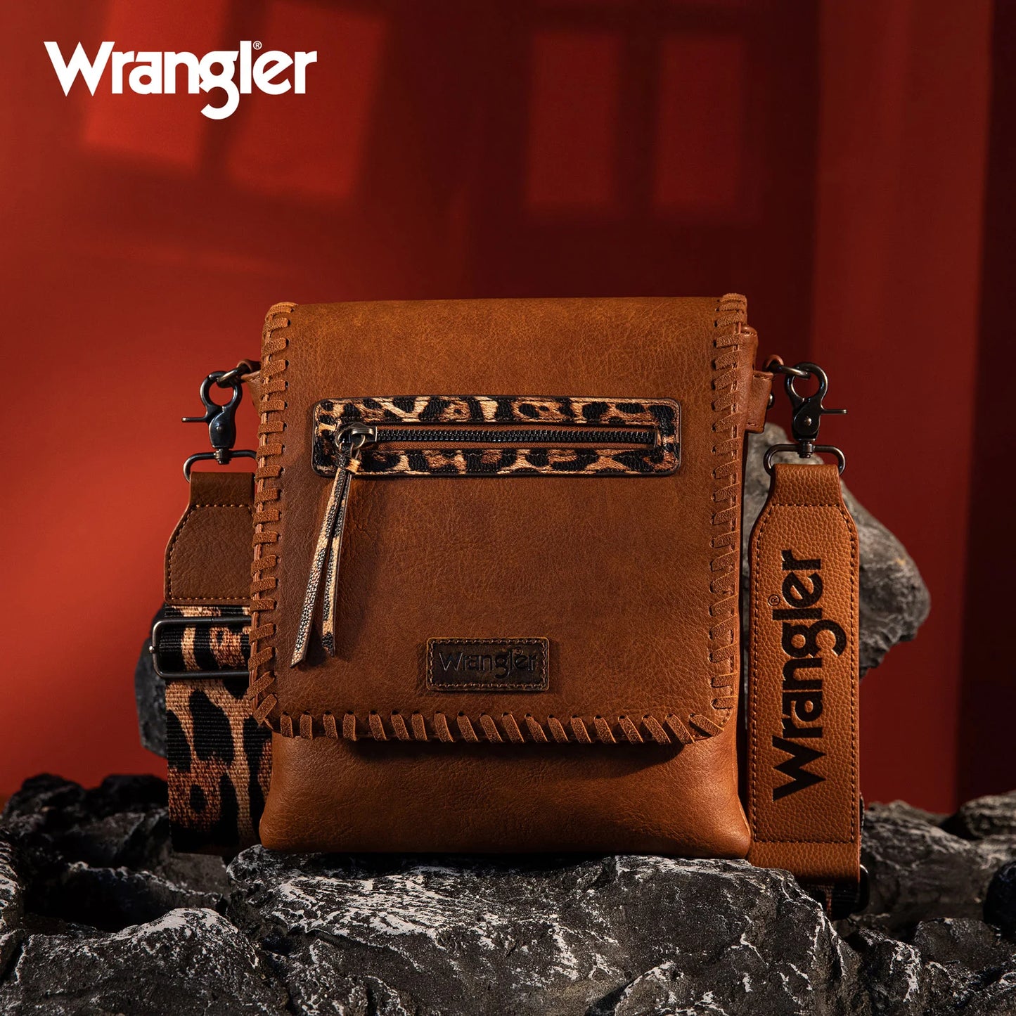 Wrangler Whipstitch Leopard Print Crossbody - Dark Brown