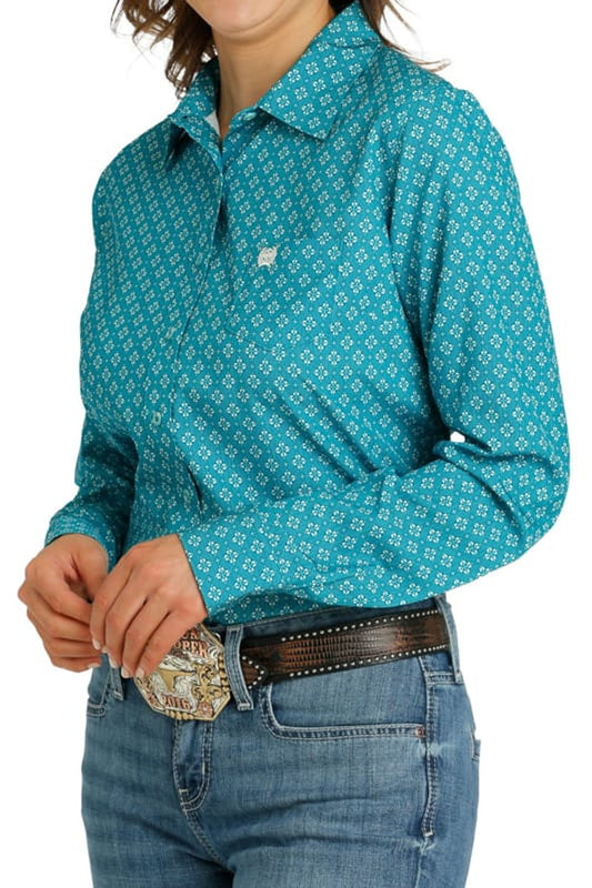 Cinch Women's Teal Arena Flex Floral Geo Print Long Sleeve Button Down Western Shirt Image