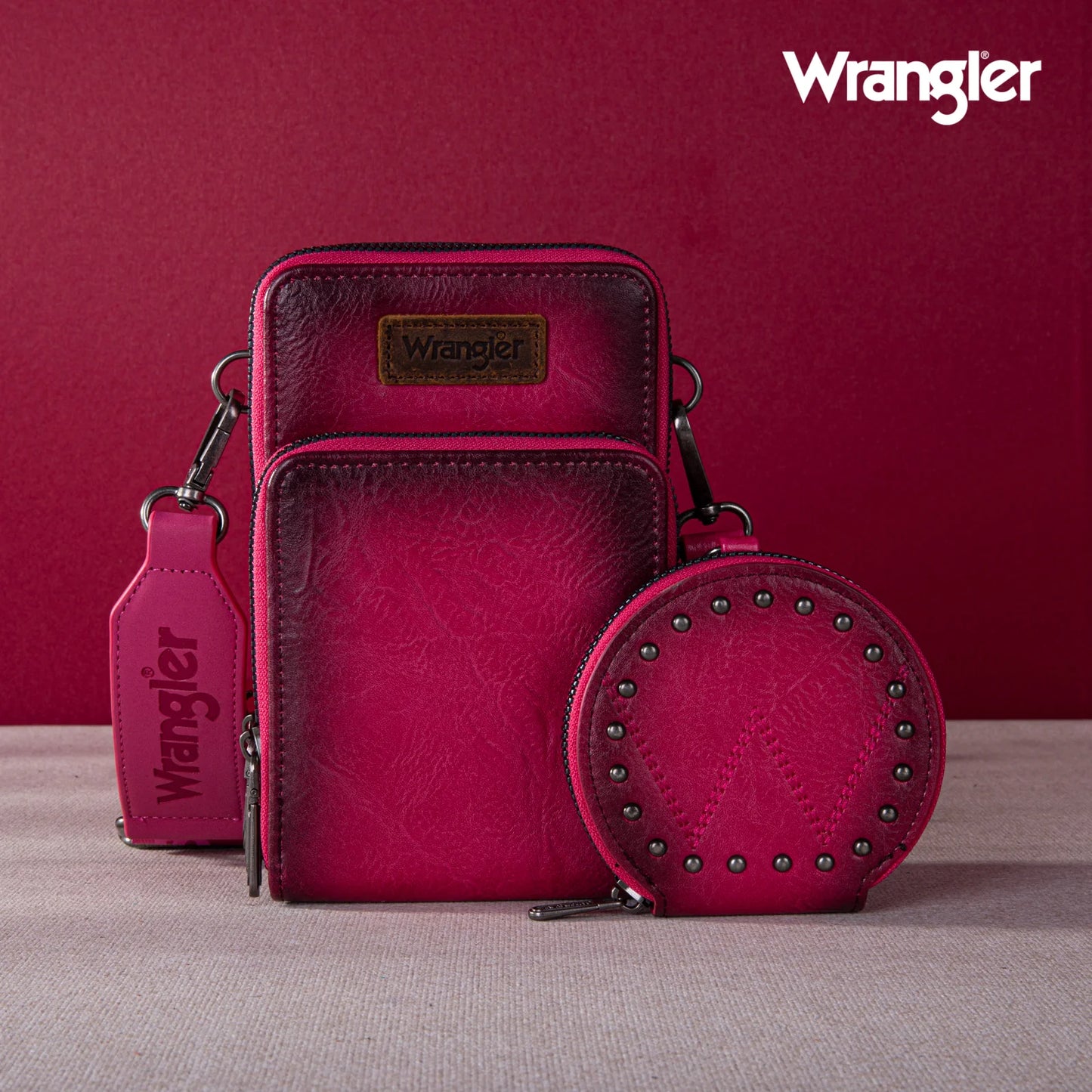 Wrangler Crossbody Cell Phone Purse 3 Zippered Compartment with Coin Pouch - Hot Pink - Coffman Tack