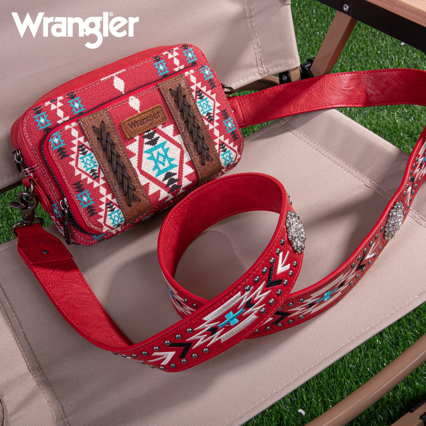 Wrangler Aztec Printed Crossbody Purse With Wallet Compartment - Red