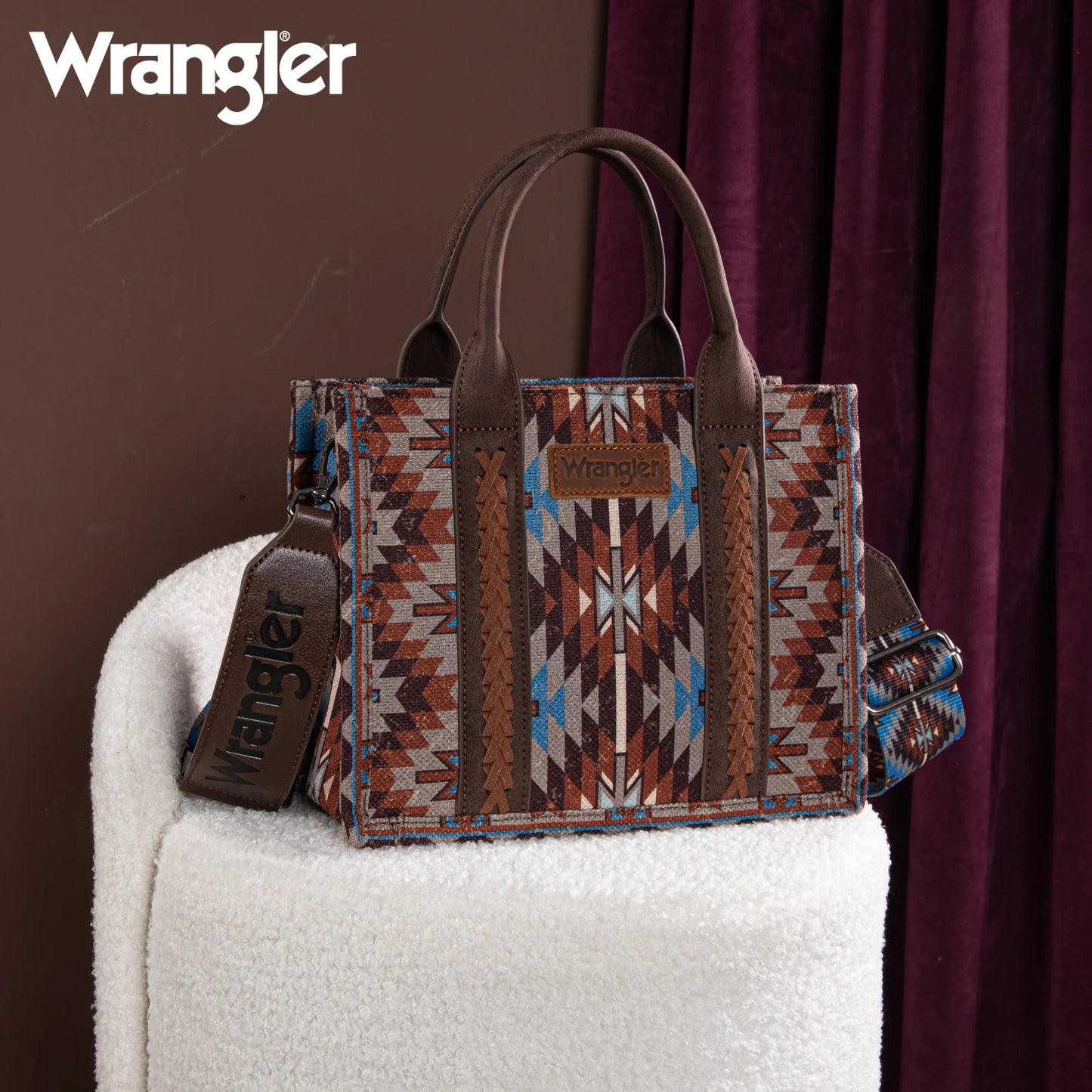 Wrangler Southwestern Pattern Dual Sided Print-Tote/Crossbody - Coffee