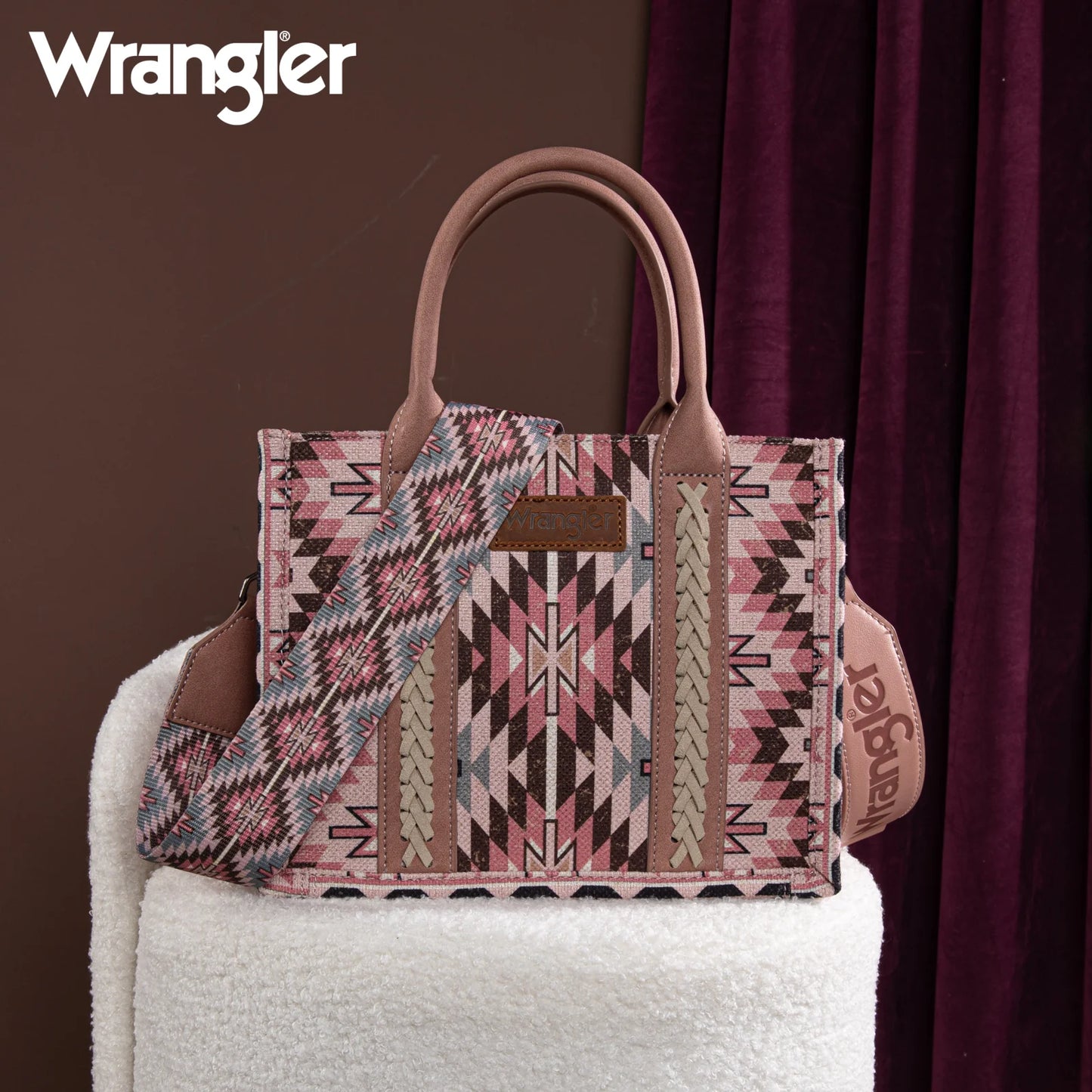 Wrangler Southwestern Pattern Dual Sided Print -Tote/Crossbody - DARK PINK