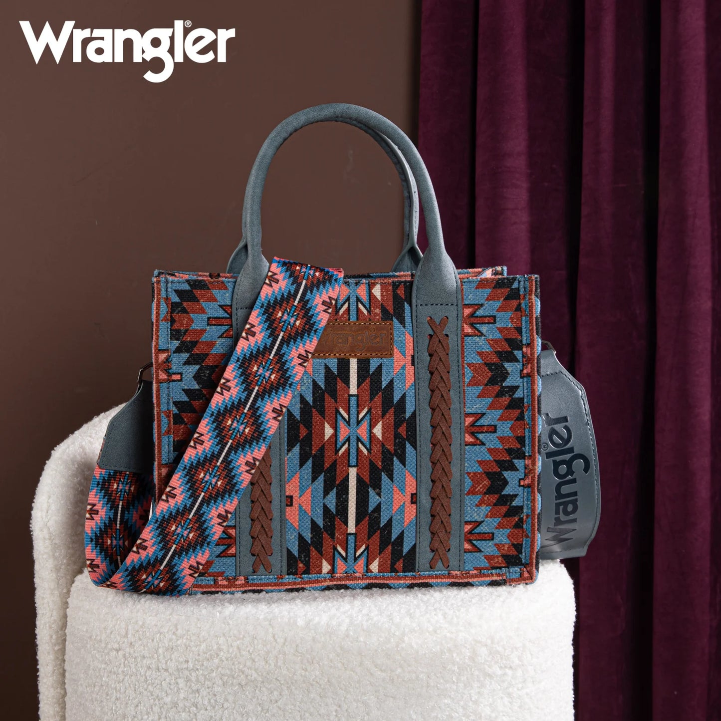 Wrangler Southwestern Pattern Dual Sided Print -Tote/Crossbody -NAVY