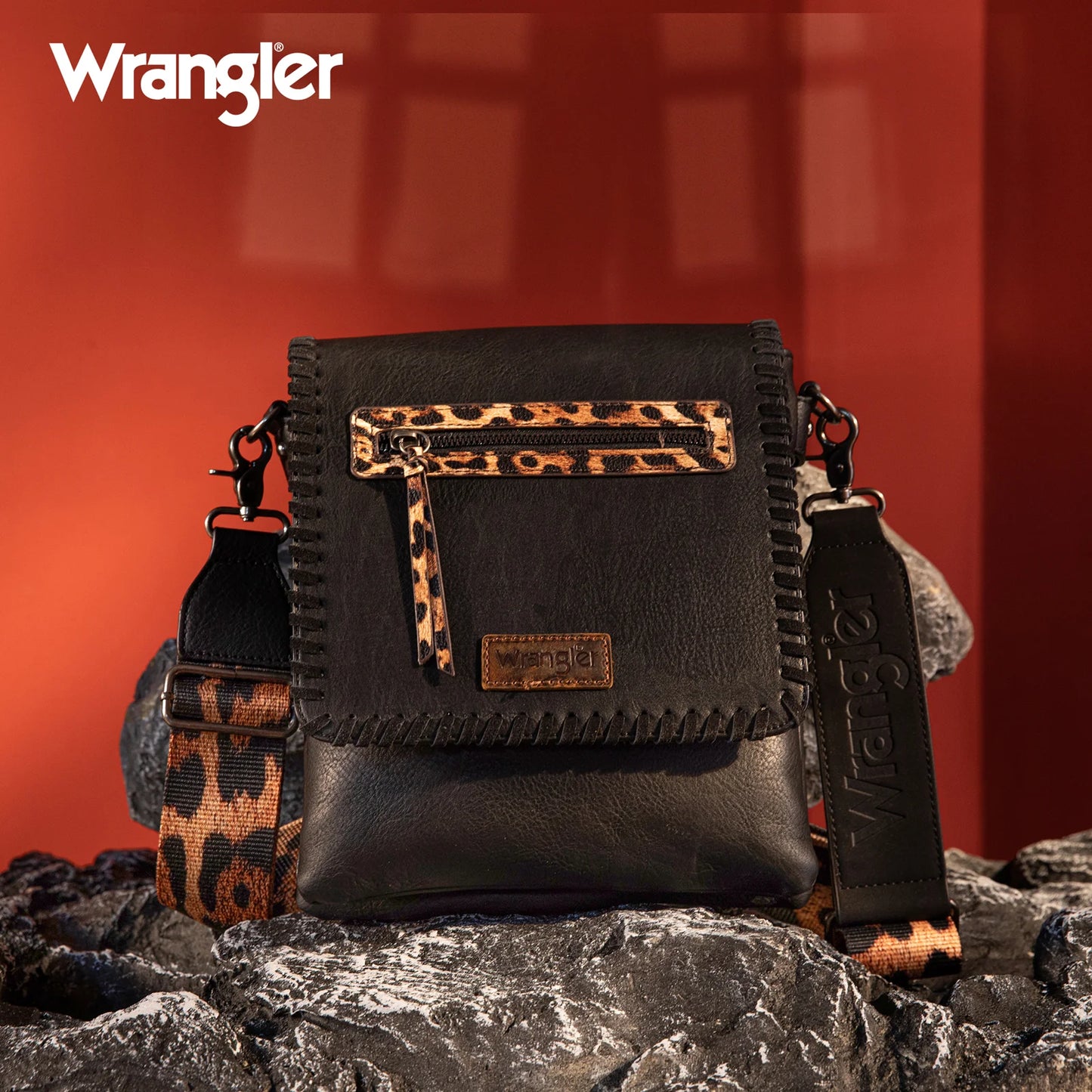 Wrangler Whipstitch Leopard Print Crossbody - Black