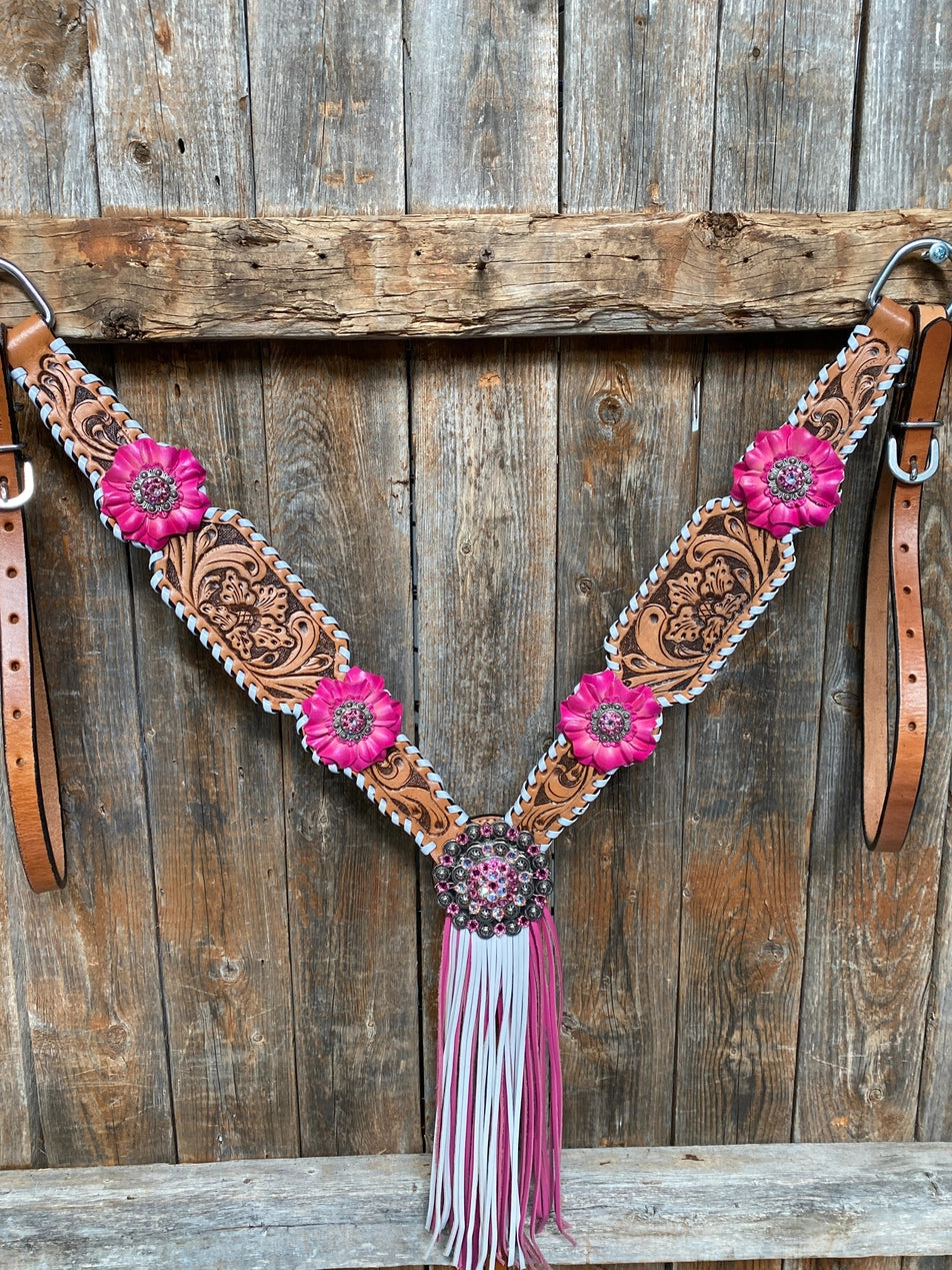 Light Oil Whipstitch Pink and White One Ear & Breastcollar Tack Set - Coffman Tack