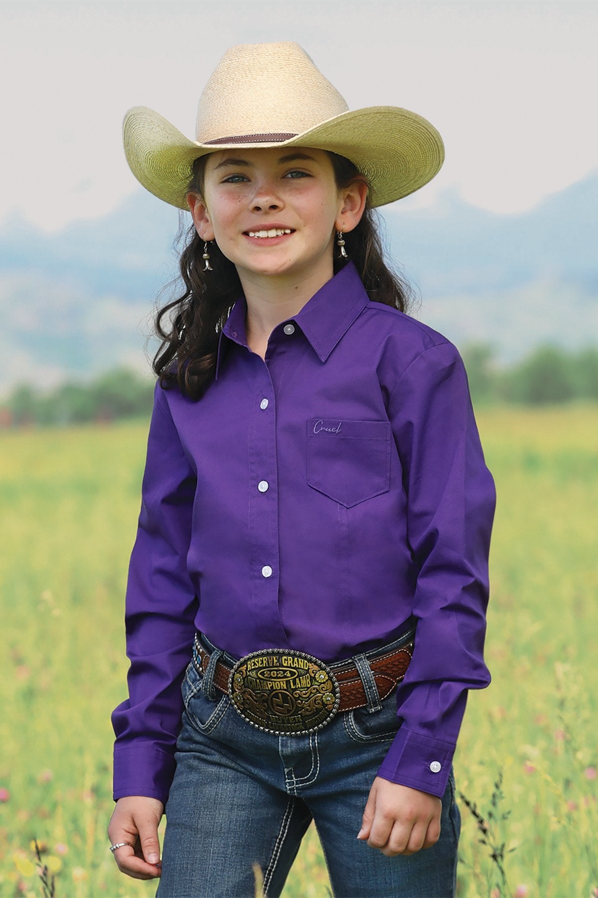 Girl's Solid Button-Down Western Shirt - Purple