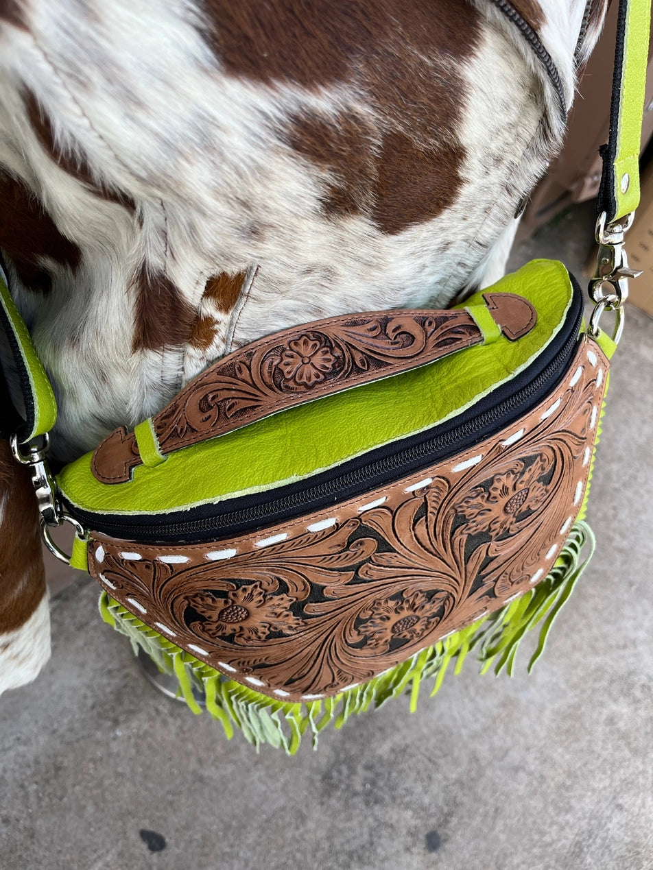 Lime Green Tooled Leather Sling Bag - Coffman Tack