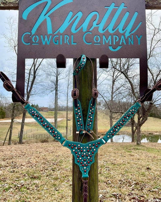 Knotty Cowgirl Co. Teal Pearl and Bling OE & Breast Collar - Coffman Tack