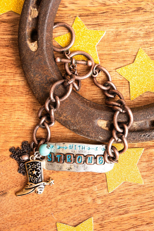 Turquoise Patina Two-Tone 'Strong' Boot Charm Toggle Bracelet